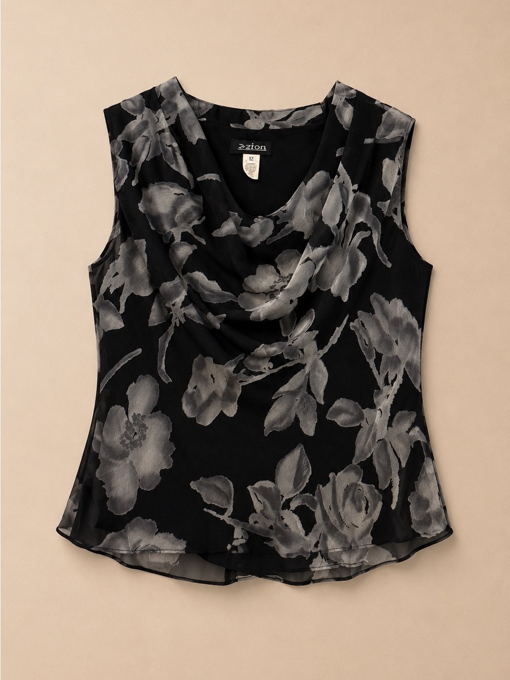 Oberon Black Gray Floral Sleeveless Drape Neck Blouse Size 12